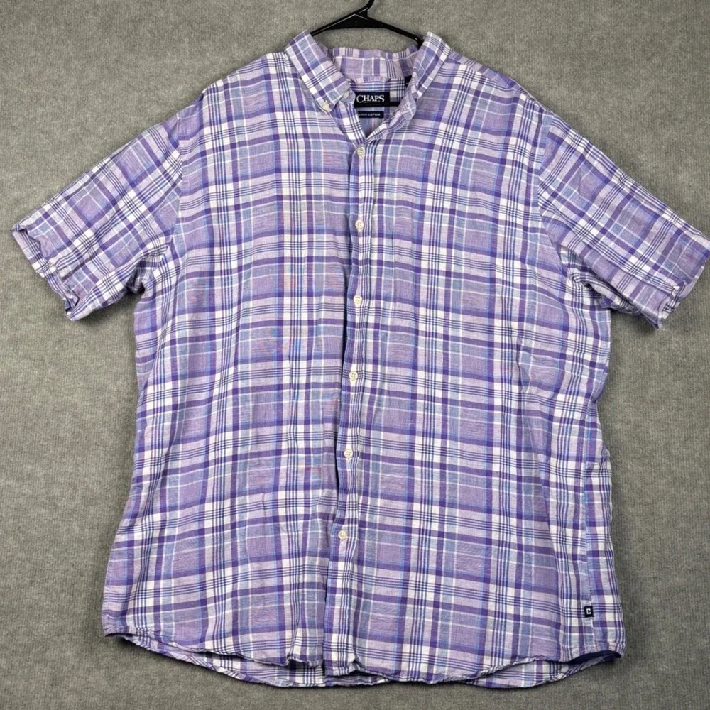 Chaps Linen Cotton Short Sleeve Plaid Button Down Shirt‎ XXL Purple